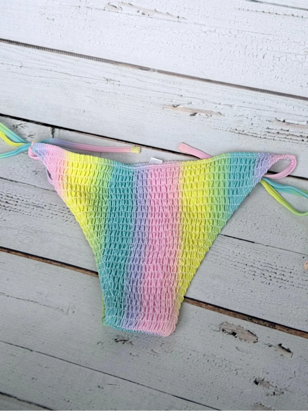 Pink Lily Coral Top with Pastel Rainbow Tie-Side Bikini Bottoms - BOTTOMS ONLY